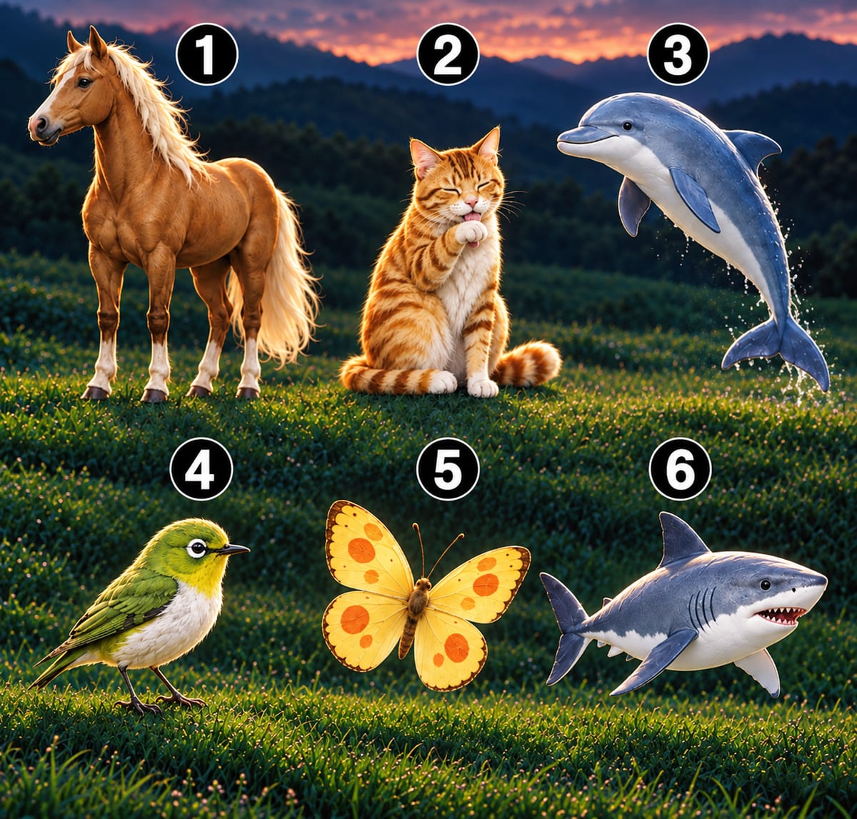 6 numbered choices for: If you could turn into one of these animals, which number would you pick?